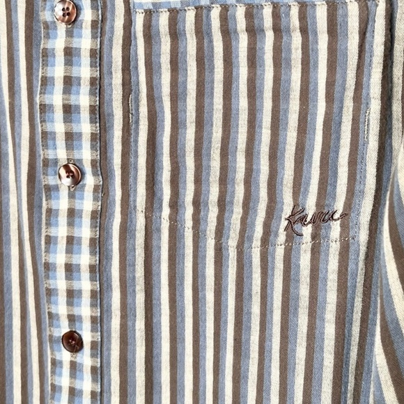 Kavu Mens Striped Brown Blue Logo Outdoor Casual Long Sleeve Buttondown Shirt - Picture 2 of 7